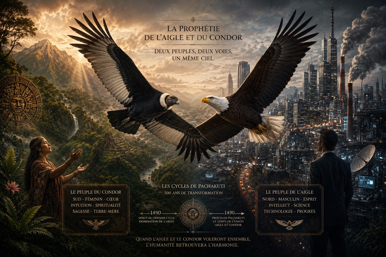 La prophétie de l'Aigle et du Condor — deux peuples, deux voies, un même ciel. Le Condor (Sud, féminin, cœur, intuition, spiritualité, sagesse, Terre-Mère) et l'Aigle (Nord, masculin, esprit, intellect, science, technologie, progrès) volant ensemble dans un même ciel partagé entre une montagne forestière et une ville moderne.
